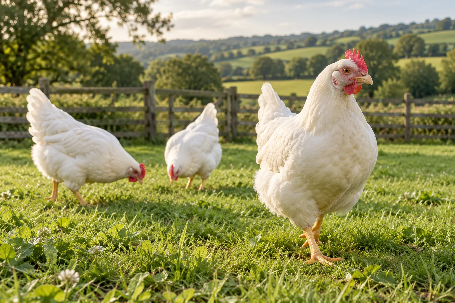 Illustrative white hens in a green countryside paddock